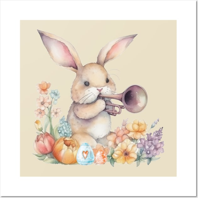 easter bunny playing trumpet Wall Art by Tees of Joy